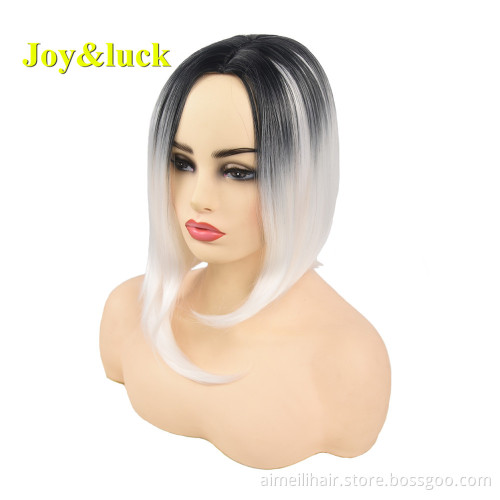 Wholesale Prices for Women Party Cosplay Scalp Wig Black Ombre White Natural Straight Short Bob Cut Wig Synthetic Hair Wigs